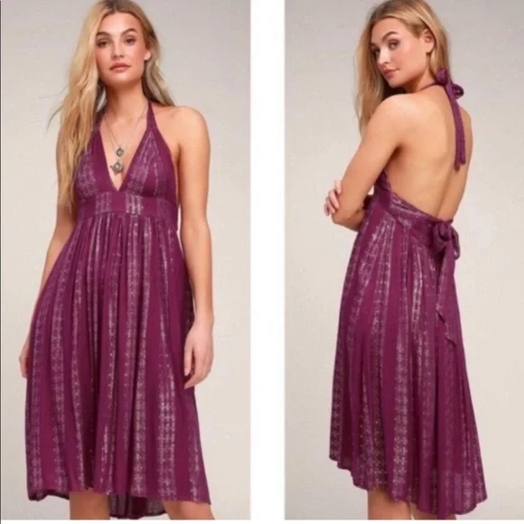 New Lulus Charlize Magenta pink metallic Striped Halter Midi Dress - Picture 2 of 8